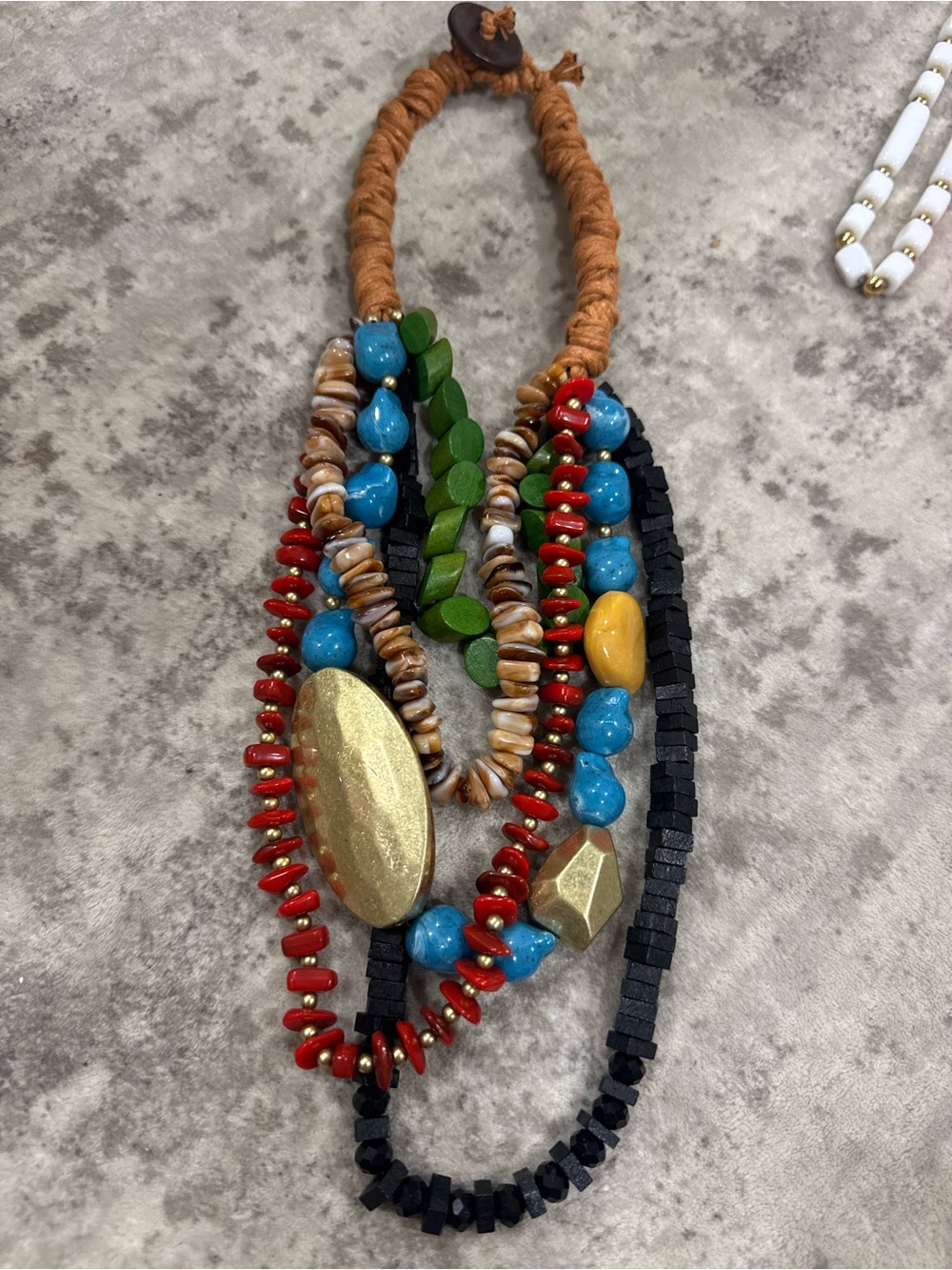 Multicolor Beaded Statement Necklace with Gold Accents / Resin & Chord